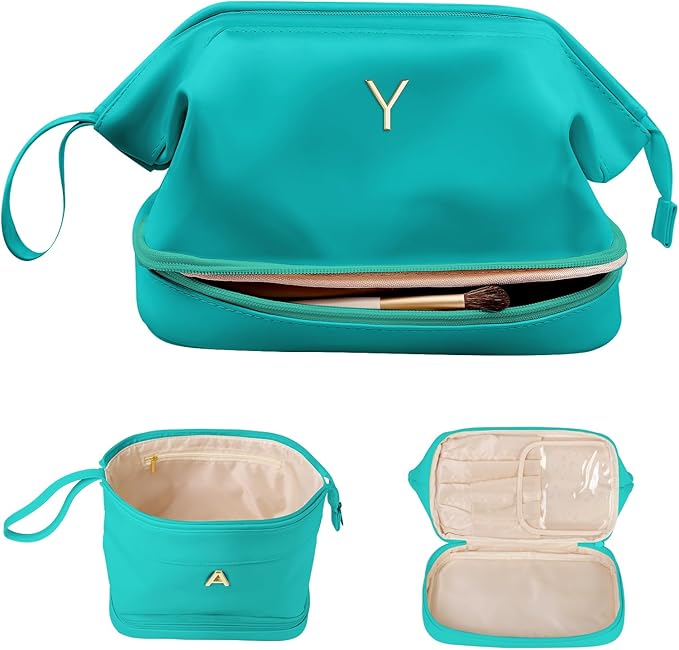 College Girl Gift Ideas, Birthday Gift for Her, Makeup Bag, Waterproof Double Layer Cosmetic Bag, Large Capacity PU Leather Makeup Bags Letter Travel Toiletry Bag, Initial Gifts for Coworkers