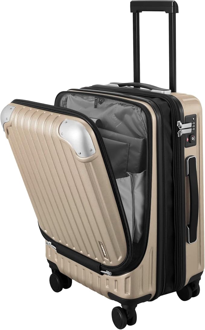LEVEL8 Grace Carry on Luggage with Front Compartment, 20 Inch Expandable Hardside Suitcases with Wheels, Abs+Pc Harshell Spinner Luggages with Tsa Lock, Travel Bag for Women Men, Champagne