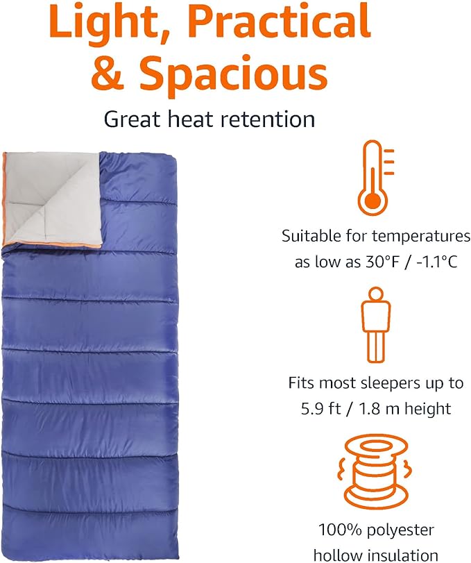 Amazon Basics 30°F Cool Weather Sleeping Bag, 75 Inches x 33 Inches, Blue