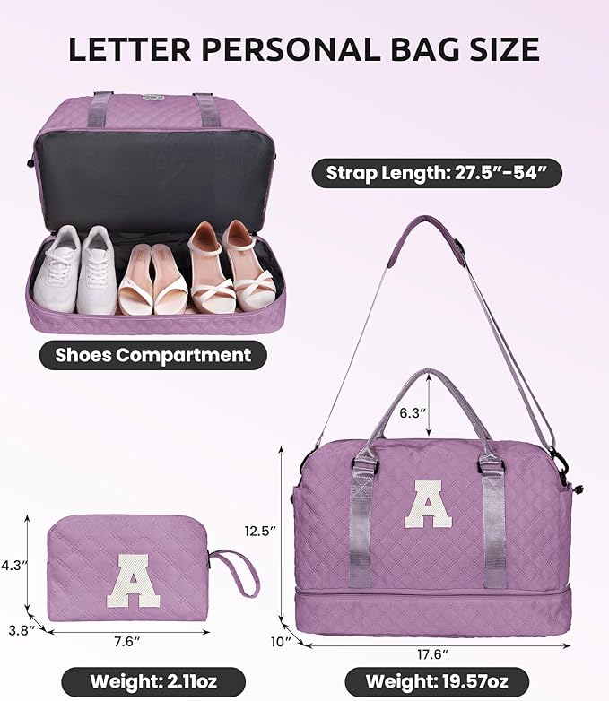 Gifts for Friends-Initial Duffle Bag with Shoe Compartment, Personalized Weekender Bag, Monogram Overnight Bag, Travel Bag with Makeup Bag，Birthday Gifts Bag for Daughter Sister (Letter I)