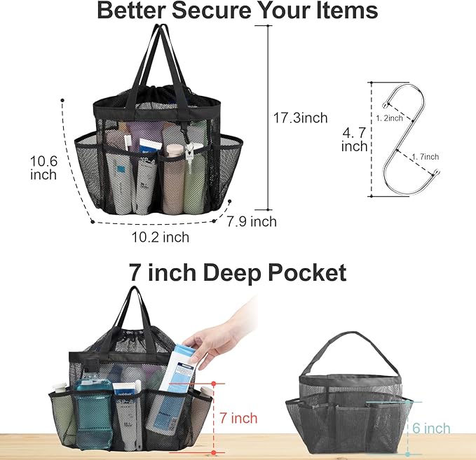 F-color Mesh Shower Caddy Portable with Drawstring - 8 Pockets Dorm Room Essentials for Guys Girls with S Hook, Shower Bag Basket Tote for College Camping Bathroom, 2 Pack Black & Mint Green