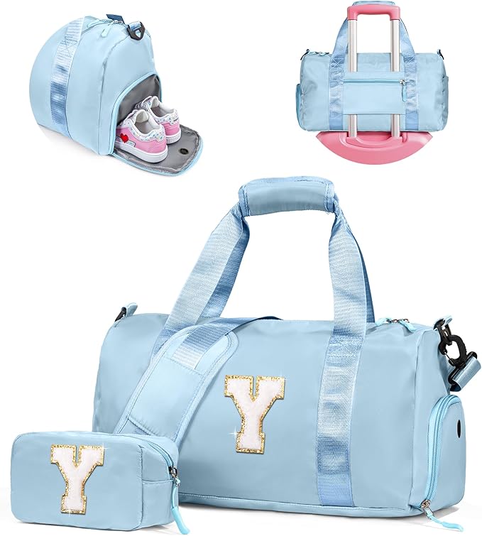 Presents For Girls-Girl Gym Bag with Shoe Compartment, Kid Personalized Weekender Overnight Bags, Initial Travel Tote with Makeup Pouch, Graduation Gift for Girls (Letter Y)
