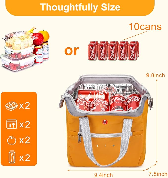 ETidy Fashionable & Lightweight Reusable Lunch Bag Large Capacity Waterproof & Leak Proof Lunch Box Insulated Cooler Lunch Tote For Women Adult To Work Travel Outdoor(Yellow)