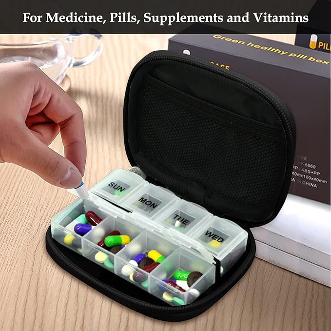 Serfeymi Weekly Travel Pill Organizer Pill Case for Purse with Removable 7 Day Pill Box, Fashionable Travel Medicine Organizer Pill Container for Medicine, Vitamin, Supplement - Brown 03