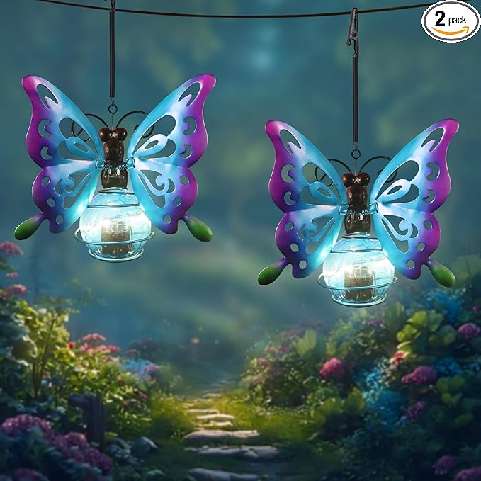 2 Pack Butterfly Solar Outdoor Hanging Lantern Creative Small Sculpture Lights Durable Waterproof Lamp Suitable for Festivals Garden Decor Birthday Gifts for Grandma Mom Women Girl