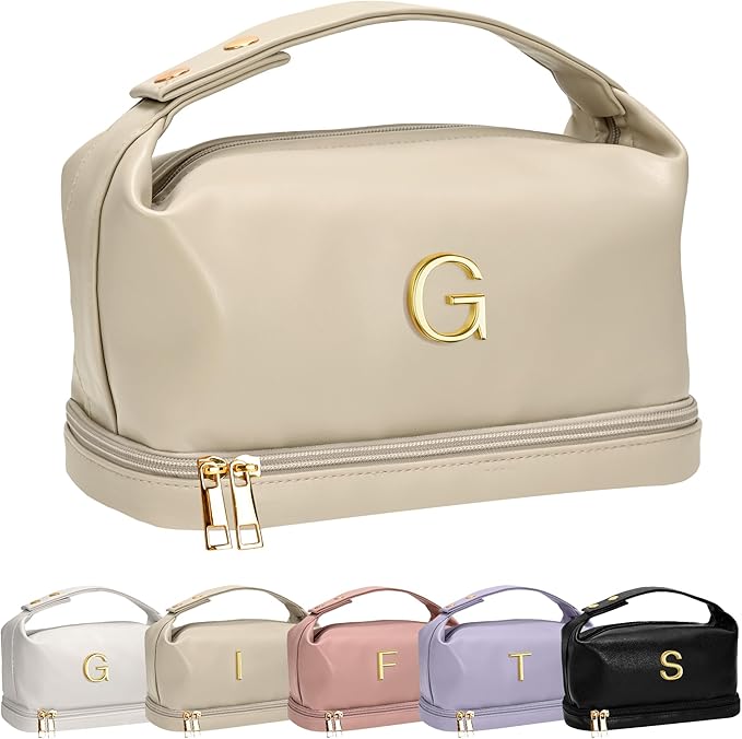 Initial Makeup Bag, Personalized Bags with Handle, Waterproof Double Layer Cosmetic Bag, Large Capacity PU Leather Makeup Bags Letter Travel Toiletry Bag with Makeup Brush Organizer