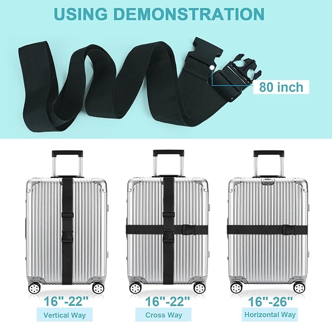 4Pcs Luggage Straps for Suitcase Travel Accessories TSA Approved, 80In Long Belts to Keep Your Suitcase Secure, Adjustable Bag Straps with Quick-Release Buckle for Travel Bag Closure, Black