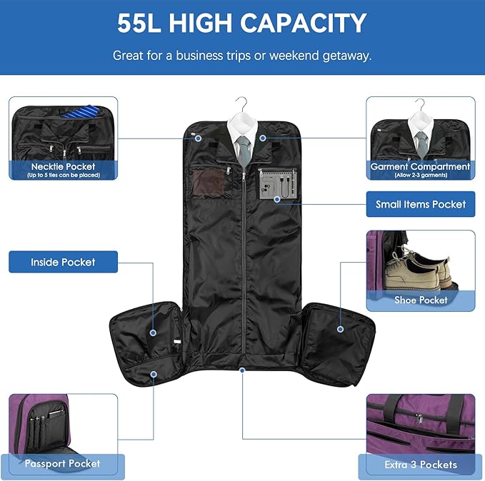 Large Garment Bag for Travel, Bukere Convertible Suit Travel Garment Duffel Bag for Women Business, Shoe Compartment, Detachable Shoulder Strap, 2 in 1 Hanging Suitcase Suit Travel Bags, Purple