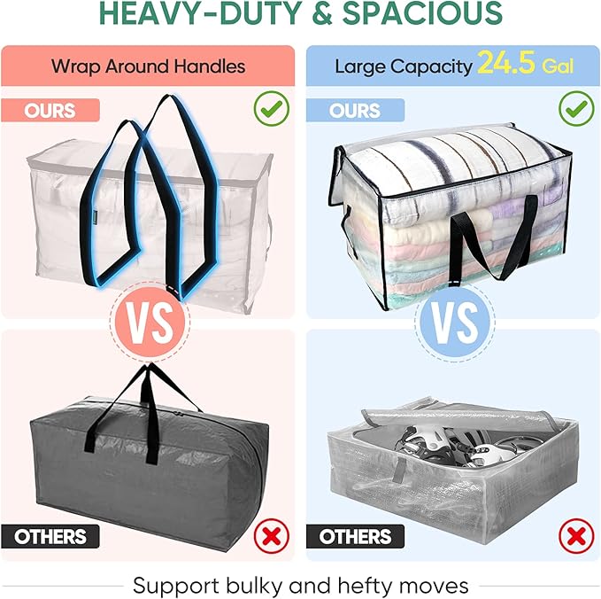 BALEINE 2-Pack Oversized Moving Bags with Reinforced Handles, Heavy-Duty Storage Tote for Clothes, Moving Supplies (Clear, 2-Pack)