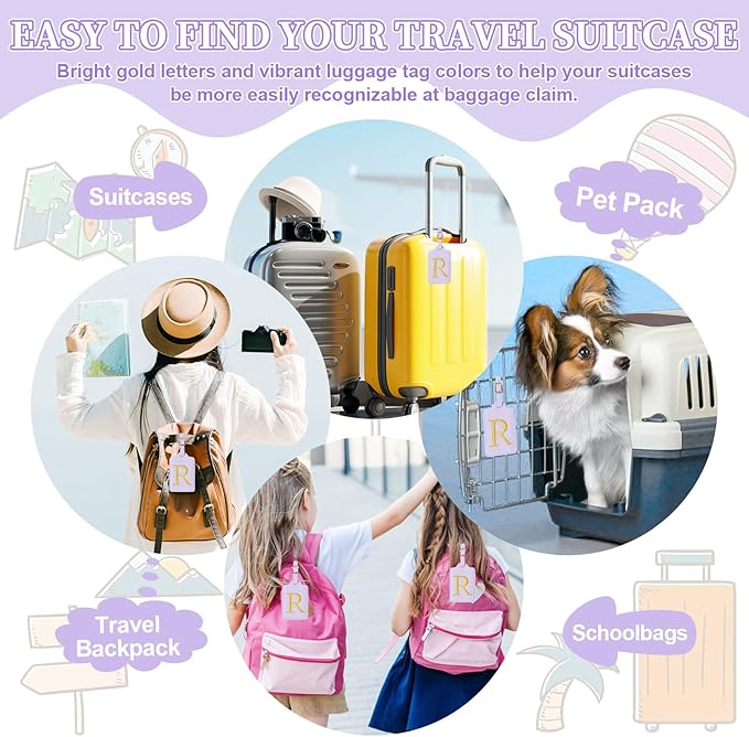 Personalized Initial Luggage Tags for Suitcase, Purple Leather Cute Luggage Tags with Privacy Cover Name Card, Embroidered Custom Monogrammed Luggage Tag Travel Backpack Tags Gifts for Women Kids(R)