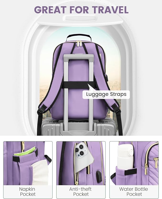 LOVEVOOK Laptop Backpack Purse for Women, Work Travel Computer Bags, College School Backpack for Student Girl, Quilted Casual Daypack with USB Port, Fit 15.6 Inch Laptop, Purple