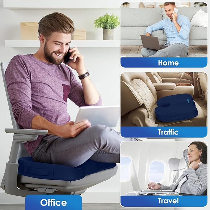 TushGuard Seat Cushion for Office Chair Memory Foam Non-Slip Cushion Back, Coccyx, Sciatica, Tailbone Pain Relief Butt Pillow for Office Chair, Car, Wheelchair, Blue, X-Large