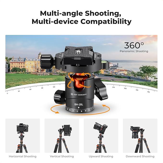 K&F Concept 60 inch Carbon Fiber Camera Tripod,Super Lightweight Compact Travel Tripod with 360 Degree Ball Head,Quick Release Plate, Detachable Monopod, 17 lb Load Capacity for SLR DSLR, A225C0+BH25L