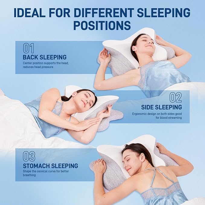 Cervical Neck Pillow for Neck Pain Relief - Ergonomic Memory Foam Pillow for Sleeping, Side, Back & Stomach Sleepers, Orthopedic Contour Pillow with Breathable Cover (Grey White)