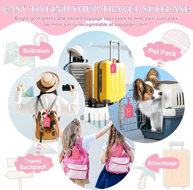 Personalized Initial Luggage Tags for Suitcase - Rose Red Leather With Privacy Cover Name Card, Embroidered Custom Monogram Travel Backpack Tag Gifts for Women Kids (F)