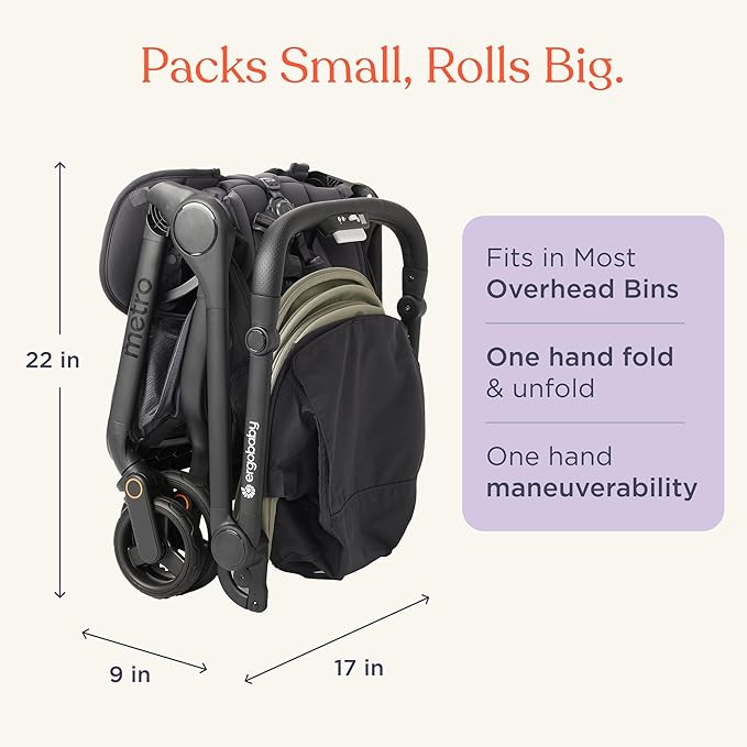 Ergobaby Metro 3 All in One Compact Baby Stroller, Lightweight Travel Stroller, Easy One-Hand Fold for Overhead Airplane Storage (Carries up to 50 lbs), Car Seat Compatible,Graphite Grey
