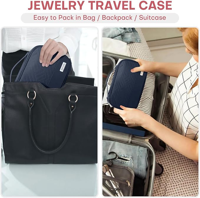 Jewelry Travel Case Organizer for Necklaces, Earrings, Rings, Bracelet, Watch, Soft Sided, Blue