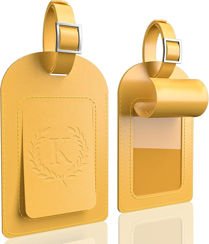 FESAS 3 Pack A-Z Alphabet Luggage Tags - Faux Leather Suitcase Tags with Privacy Cover & Replaceable Card - Initial Letter Monogram for Bags (Yellow)