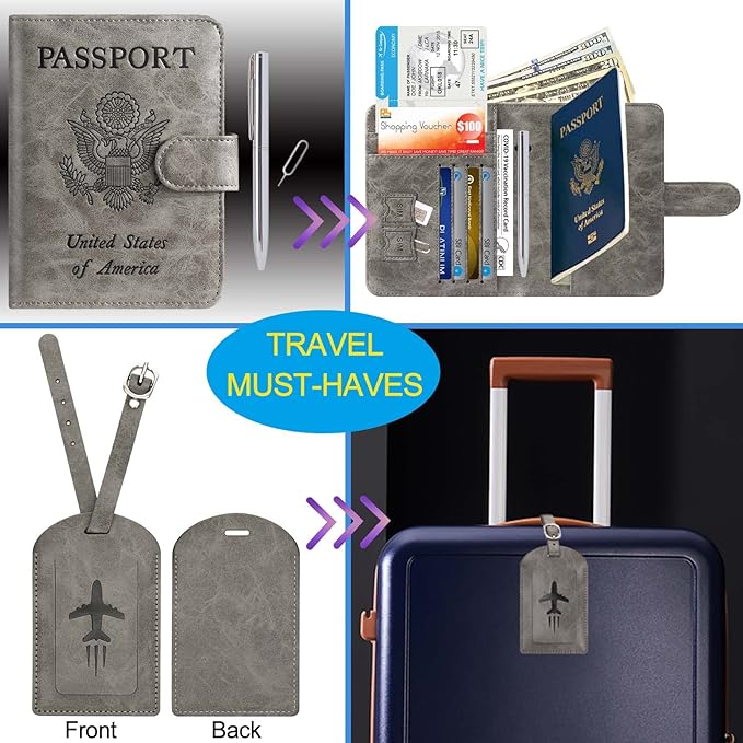 Passport Holder With Luggage Tag Cover Wallet RFID Blocking Leather Case Travel Essentials Accessories Travel Must Have(114#Grey)