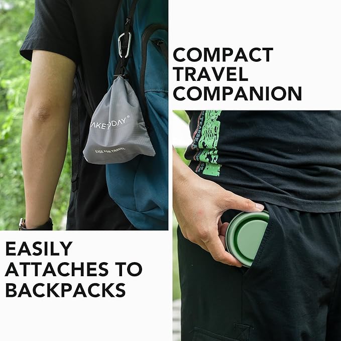 TakeToday Collapsible Travel Cup - Silicone Foldable Water Cup, BPA-Free with Lid & Waterproof Bag - Drinking Cup Set for Office, Camping & International Travel（8 Oz, Green）