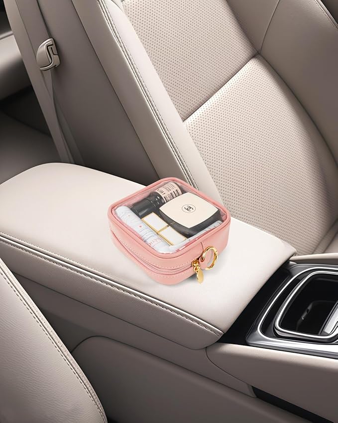 LETGO Mini Makeup Bag - Clear Toiletry Bag with Slip-in Pockets, Cute Cosmetic Essentials Pouch for Women, Pink Car Accessories for Girls(Mini Pink)