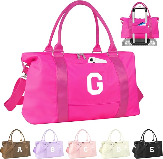 Overnight Bag for Kids Teen Girls Weekender Dance Bag Birthday Graduation Gifts,Initial Travel Duffel Bag Sports Gym Bag Personalized Weekender Bag Carry On Bags Preppy Gifts for Women(Hot Pink, G)
