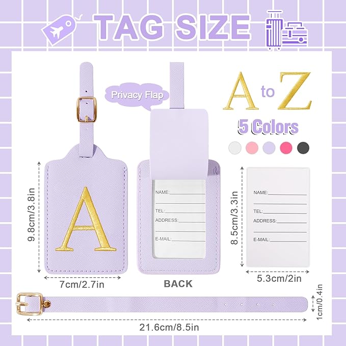 Personalized Initial Luggage Tags for Suitcase, Purple Leather Cute Luggage Tags with Privacy Cover Name Card, Embroidered Custom Monogrammed Luggage Tag Travel Backpack Tags Gifts for Women Kids(A)