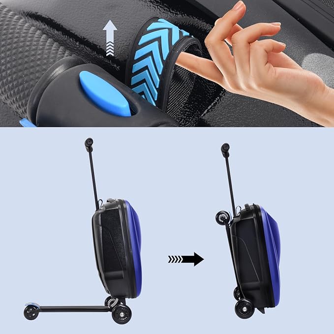 20" Scooter Suitcase for Kids, 2-in-1 Ride On Luggage with Wheels for Boys & Girls Ages 4-15, Foldable Hardshell Carry On Lightweight Travel Suitcase for Airplane (With LED, Dark Blue)