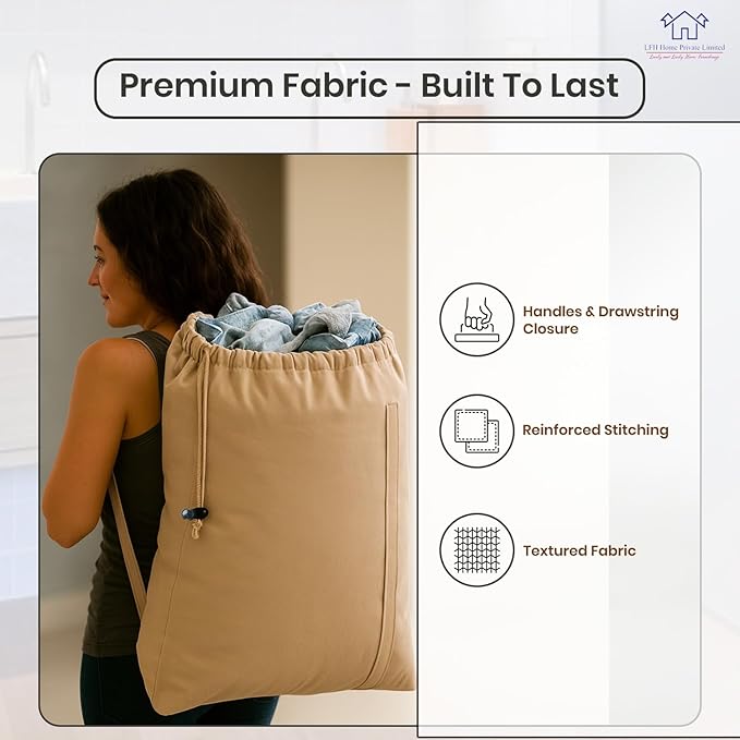 LFH Home Cotton Canvas Large Laundry Bag with Handle, Heavy Duty Drawstring Closure Washable Laundry Bags, School Travel, Home, Hotel, College Dorm, Organizer Sack, Toys Clothes 28x40-Beige