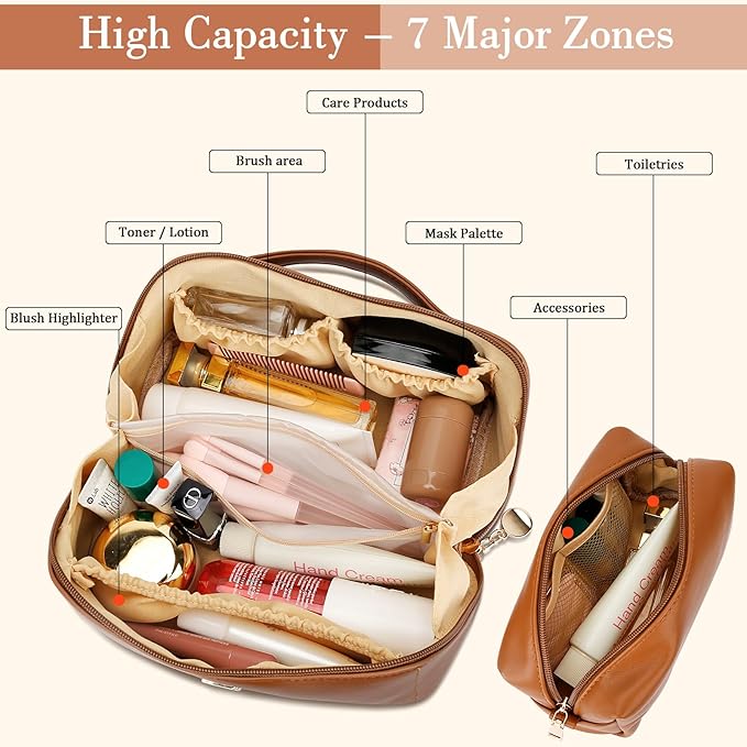 Birthday Gifts for Women Teen Girl, Personalized Initial Makeup Organizer Bag Set, Open Flat Travel Cosmetic Bag With Clear Divider and Handle(Brown,W)