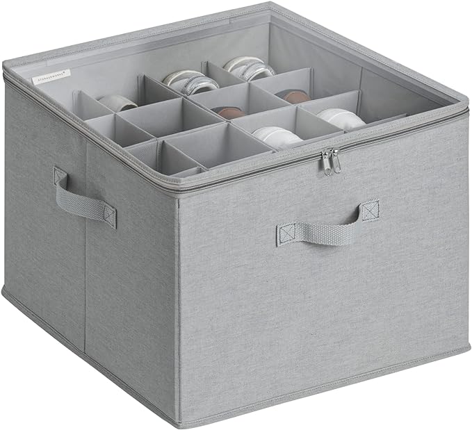 StorageWorks Shoe Organizer for Closet, Fits up to 16 Pairs, Shoe Cubby Storage Containers with Adjustable Dividers and Clear Cover, Grey