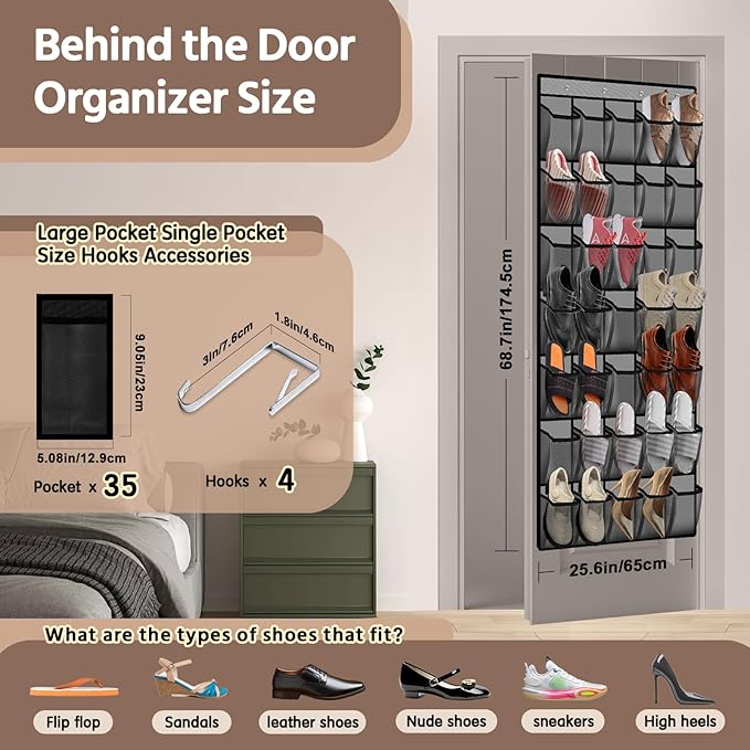 35 Pocket Over the Door Shoe Organizer,Reusable Breathable Large Mesh Bag Men's & Women's Sneaker Organizer,Shoe Organizer for Kids,Hanging Shoe Storage Hanging Bag (2PCS-Gray)