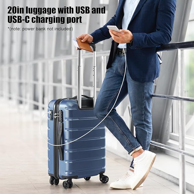 Coolife Luggage Suitcase Carry-on Spinner TSA Lock USB Port Expandable (only 28’’) Lightweight Hardside Luggage (Silver, S(20in_carry on))