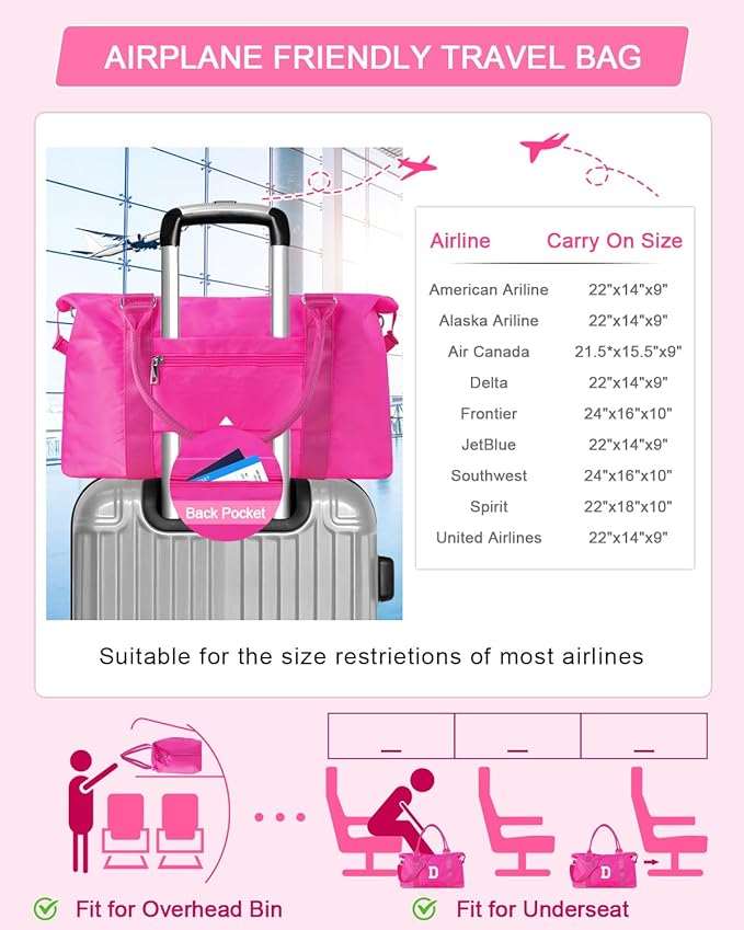 Overnight Bag for Kids Teen Girls Weekender Dance Bag Birthday Graduation Gifts,Initial Travel Duffel Bag Sports Gym Bag Personalized Weekender Bag Carry On Bags Preppy Gifts for Women(Hot Pink, D)