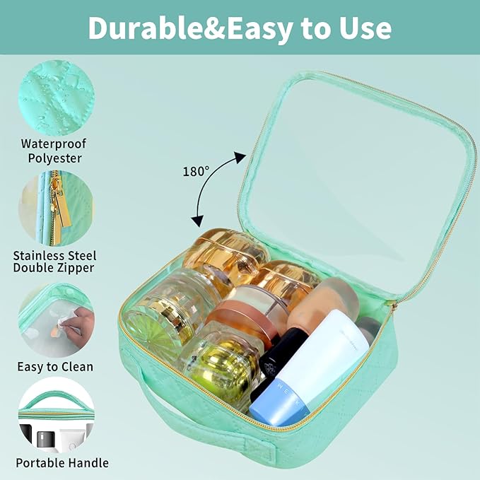 TSA Approved Travel Toiletry Bag,2 Pack Clear Makeup Bags with Handles,Quart Size Clear Cosmetic Bags for Traveling Women,Men,Carry on Airport Airline Compliant Bag,Green