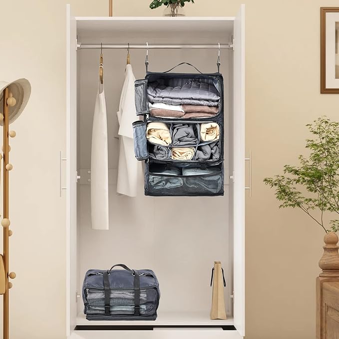 TABITORA Travel Portable Hanging Shelves Closet Organizer Packing Luggage Storage with Multifunctional and Foldable Invisible Compartment,Lightweight, for Suitcase, RV,Closet…Grey,XL