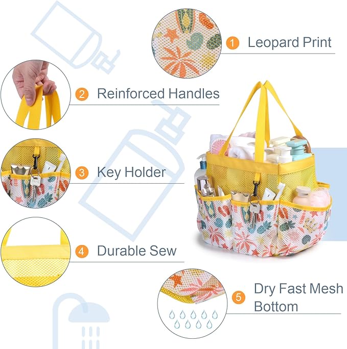 F-color Shower Caddy Portable - Mesh Shower Bag Basket Tote for College Dorm Room Essentials Bathroom Gym Camp Quick Dry for Women Men with S Hook, Yellow Beach