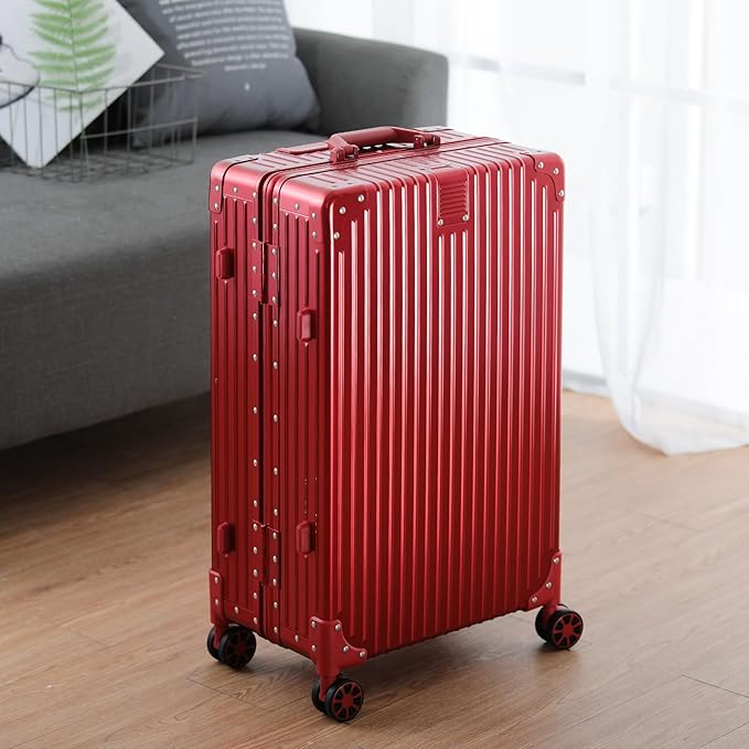 Metal All Aluminum Carry-on Luggage TSA Customs Lock Zipperless Silent Rotary Wheel Business Suitcase Aluminum Frame Set (red, 28 '')