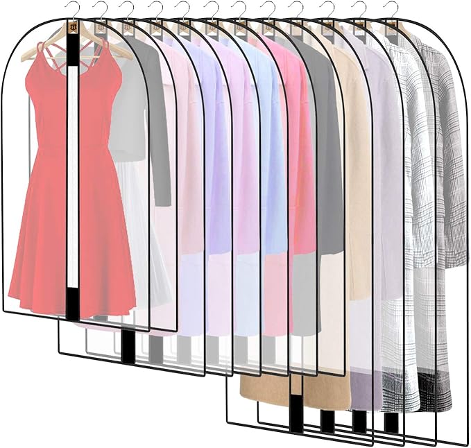 Pwsap 12 Pack Breathable Clothes Covers with Zip, Hanging Garment Covers Bags Dress Bag Covers Moth-Proof Mens Suit Storage Bag Dust Cover for Wardrobe Storage and Travel(Clear)