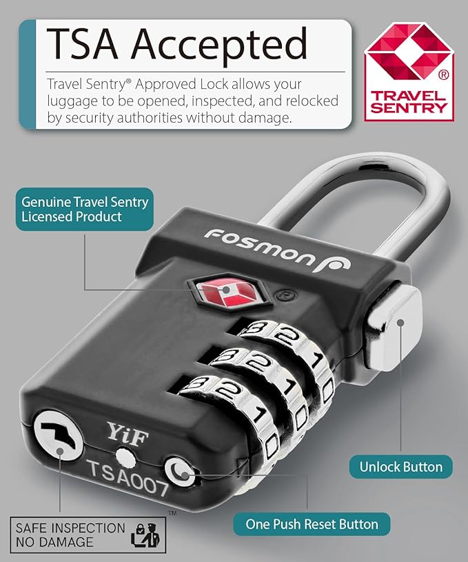 Fosmon TSA Approved Luggage Locks, Suitcase Travel Lock with Push Release Button for Extra Security, 3 Digit Combination Padlock for Gym Locker, Backpack Zipper Anti Theft, Gun Case - Silver, 2 Pack