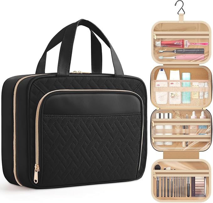 HOTOR Travel Toiletry Bag for Women & Men, Waterproof Makeup Bag with Hanging Hook and Multiple Pockets, Cosmetic Bags for Women, Travel Essentials, 11.2'' x 3.2'' x 8.9'', Black