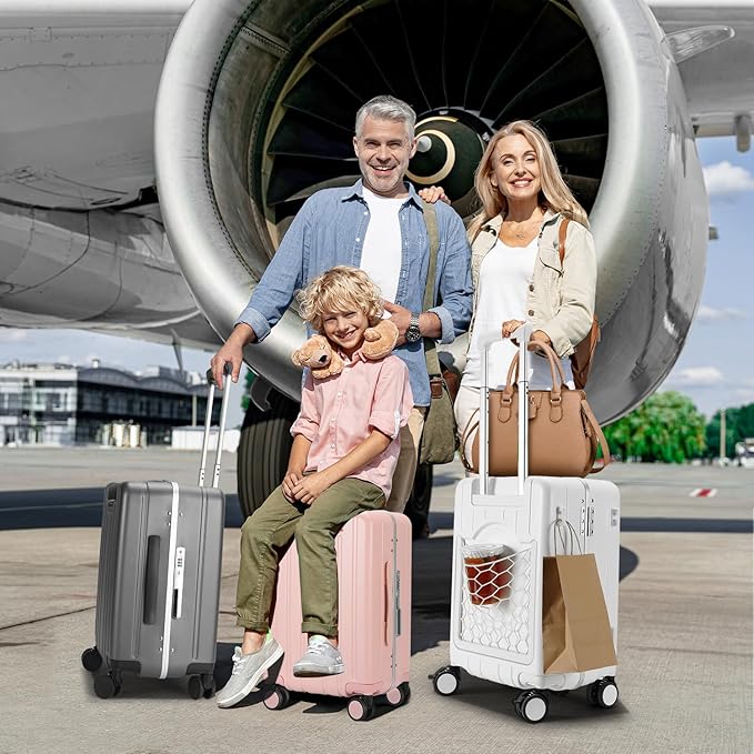 MRPLUM Carry On Luggage Double Handle Suitcase with Net Pocket,Hard Shell Spinner Wheels Luggage with TSA Lock&Seat Belt,20 inch,Pink