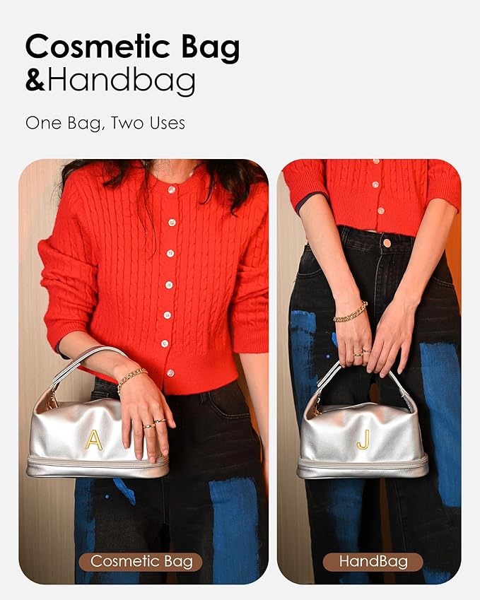 Trendy Gifts for Women, Personalized Makeup Bag with Handle, Initial Double Layer Cosmetic Bag with Makeup Brush Organizer, Cute Cosmetic Pouch for Women, Gifts for 20 Year Old Female