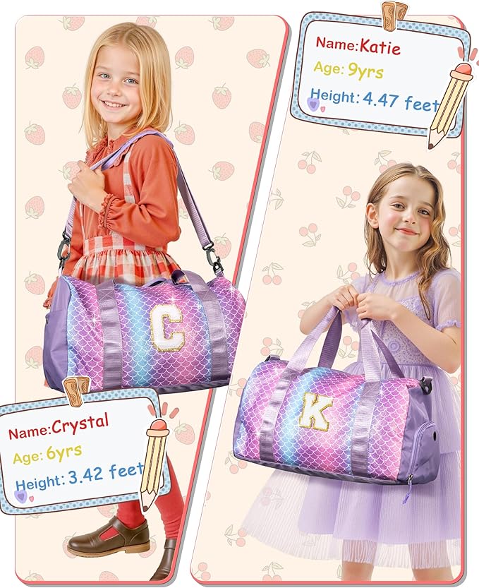 Travel Stuff for Kids-Girl Gym Bag with Shoe Compartment, Kid Weekender Dance Bags, Initial Travel Tote with Makeup Pouch, Gift for 3 4 5 6 7 8 9 10 11 12 Year Old Girls (Letter S)