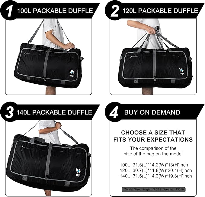 Bago Large Foldable Duffel Bags for Traveling Women & Men - 100L Packable Duffle Bag for Travel with Shoe Compartment - Water Repellant, Heavy Duty, Lightweight Folding & Collapsible (SnowBlue)
