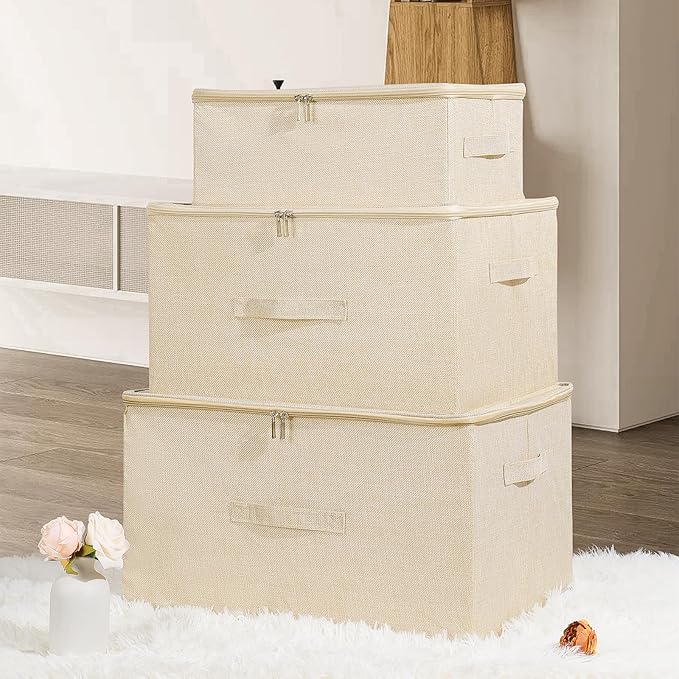ANMINY Storage Bins with Zipper Lids 36 Qt Lidded Fabric Storage Boxes Baskets Cubes with Handles Collapsible Washable Cotton Linen Closet Shelf Clothes Organizer Containers - Beige, Large