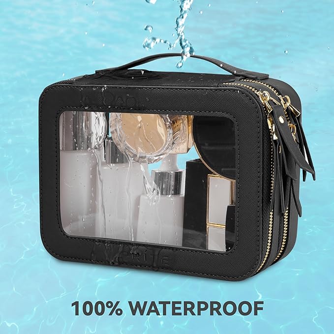 Prite Clear Makeup Bags Double Layer Cosmetic Bags with a Separate Brush Compartment Travel Makeup Bag for Women Travel Accessories Organizer for Purse(Black)