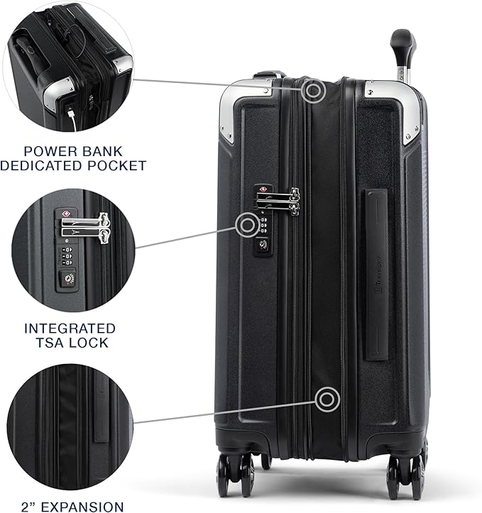 Travelpro Platinum Elite Hardside Expandable Carry on Luggage, 8 Wheel Spinner, TSA Lock, Hard Shell Polycarbonate Suitcase, Shadow Black, Carry on 21-Inch