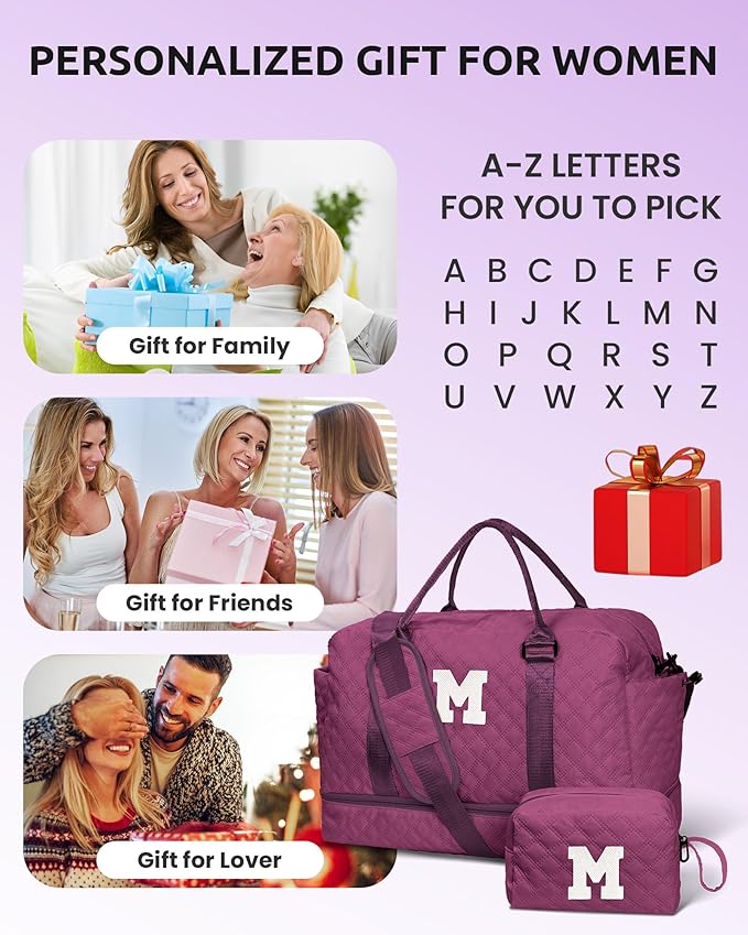 Birthday Gifts for 4 5 6 7 8 9 10 11 12 13 Year Old Girls-Initial Travel Bag with Shoe Compartment, Weekender Bag, Overnight Bag for Women, Letter Travel Bag with Makeup Bag (Letter W)