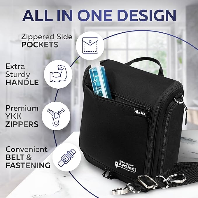 Extra Large Hanging Travel Toiletry Bag for Men and Women - Cosmetic Travel Bag With Shoulder Strap - Waterproof Hygiene Bag with Metal Xxl Swivel Hook and 19 Compartments for Toiletries